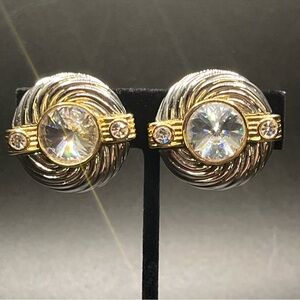 vintage two tone crystal dome clip on earrings